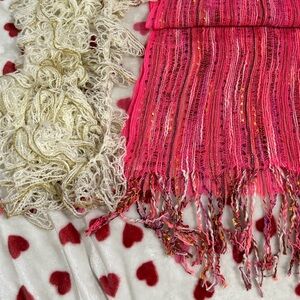 1 White Knit Scarf & Gold Threading + 1 Pink knit Scarf with Multicolor Accents!